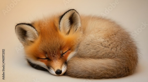 Cozy Baby Fox Resting Peacefully on Beige Background with Soft Lighting, Close-Up View