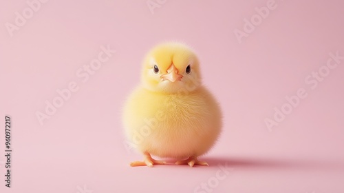 Adorable Baby Chick with Fluffy Feathers on Light Pink Background in Soft Lighting Isolated Close-up