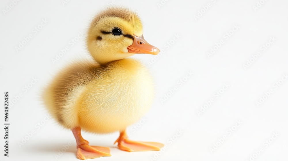 Adorable Baby Duckling with Yellow Feathers Standing Alone in Soft Light on White Background Adorable Baby Duckling with Yellow Feathers Standing Alone in Soft Light on White Background