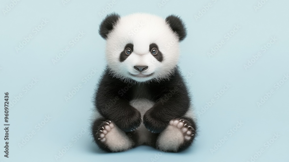 Cute Baby Panda Sitting in Soft Light on Pale Blue Background Cute Baby Panda Sitting in Soft Light on Pale Blue Background