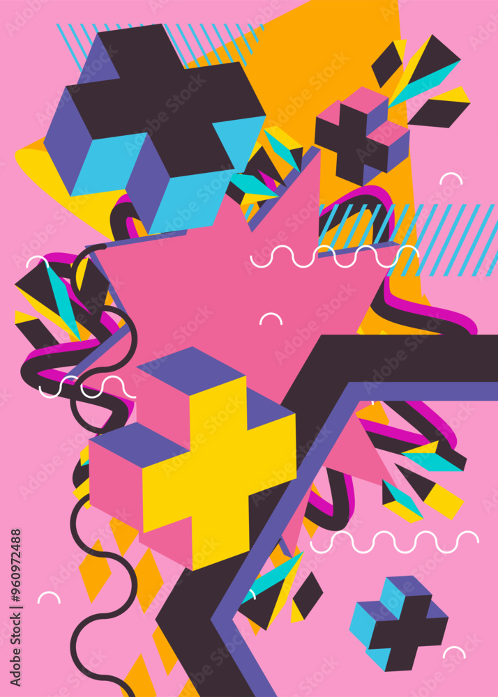 Geometrical graphic retro theme background, cover. Minimal geometric elements poster design. Vintage abstract shapes template for poster banner.