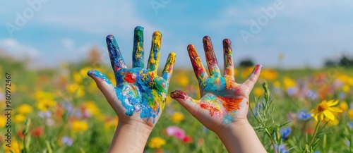 Hands covered in vibrant paint are raised against a background of blooming wildflowers, symbolizing creativity, nature, and joyful expression.