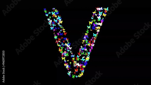 Beautiful illustration of English alphabet V with colorful butterflies on plain black background