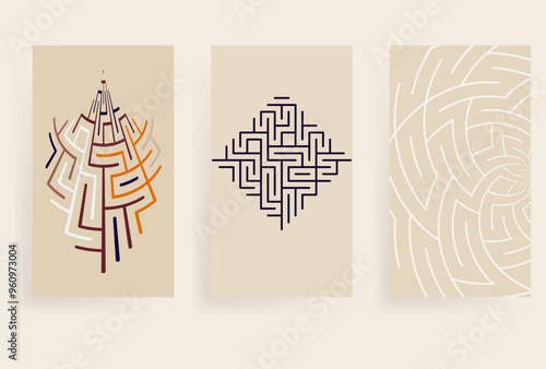 geometric maze vector background template set beige colors