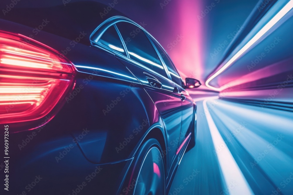 Speeding car in neon-lit futuristic tunnel Speeding car in neon-lit futuristic tunnel