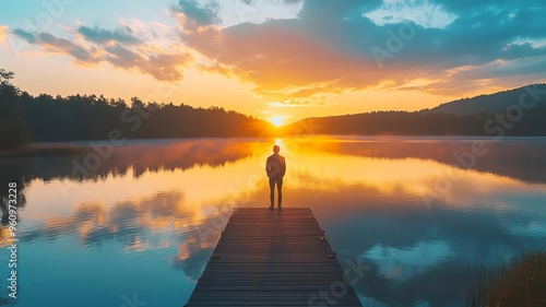 Person standing on a dock, looking out at a calm lake at sunrise, symbolizing a new beginning, life and exploration.