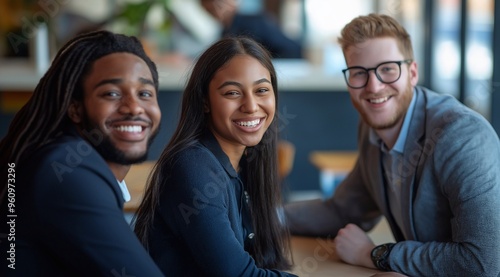 Three diverse young professionals are smiling and sitting at a table in an office setting. One Black woman wearing business casual attire, and two men are dressed smartly.