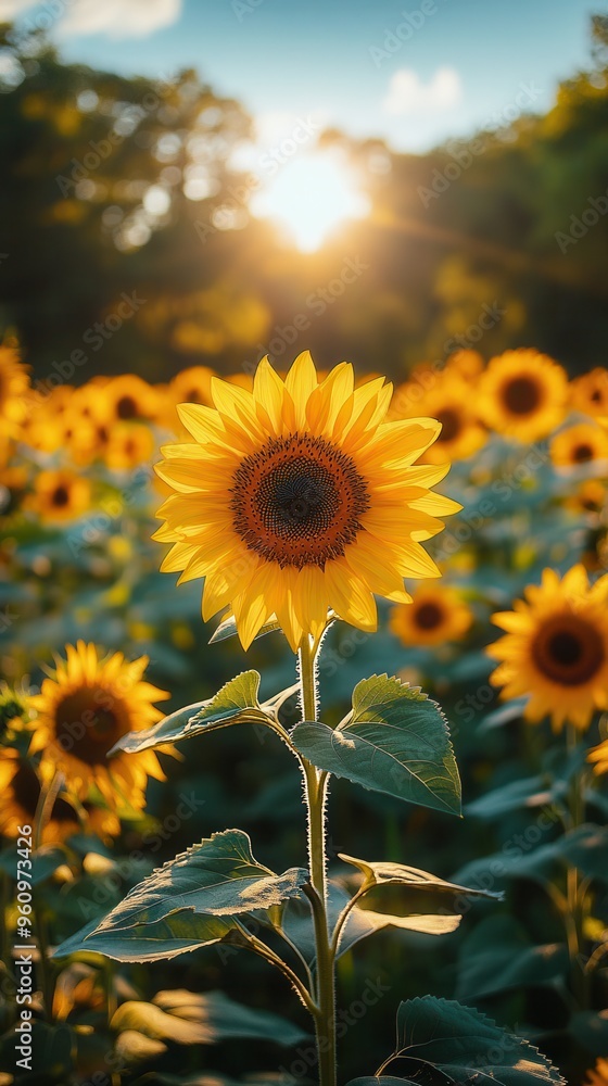 Obraz premium A vibrant sunflower stands tall in a field, basking in the warm glow of the sunset, symbolizing beauty and positivity.
