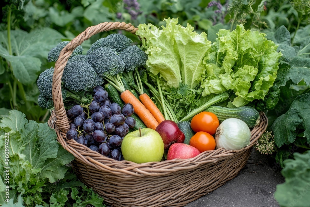 Fototapeta premium A wicker basket filled with fresh vegetables and fruits, including broccoli, carrots, tomatoes, lettuce, grapes, apples, onions, and cabbage, arranged in a lush outdoor garden setting, ai