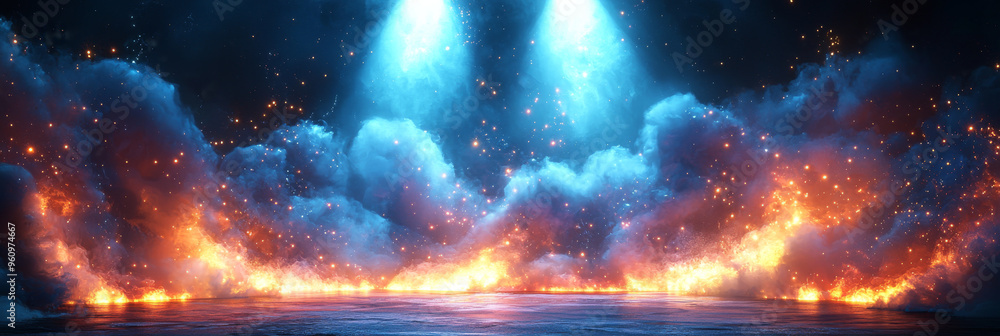 Obraz premium A fiery, abstract background with blue spotlights and a dark, dramatic mood.