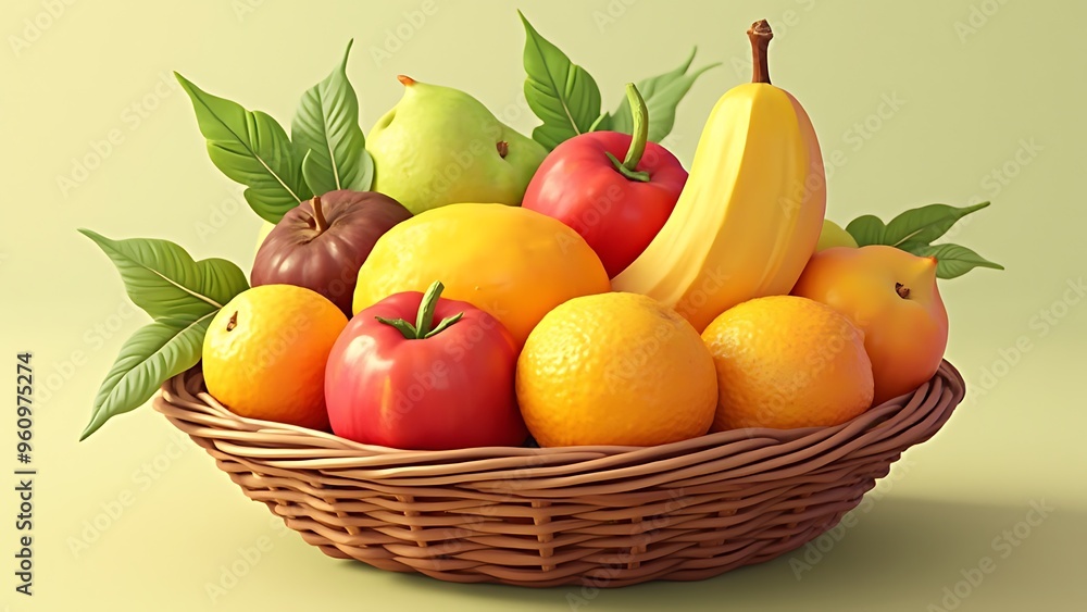 Tropical Organic fruits, vibrant and juicy, in a wicker basket, 3D illustration isolated background Tropical Organic fruits, vibrant and juicy, in a wicker basket, 3D illustration isolated background