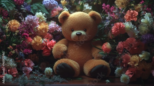 Adorable Teddy Bear Surrounded by Vibrant Flowers in a Lush Garden Setting