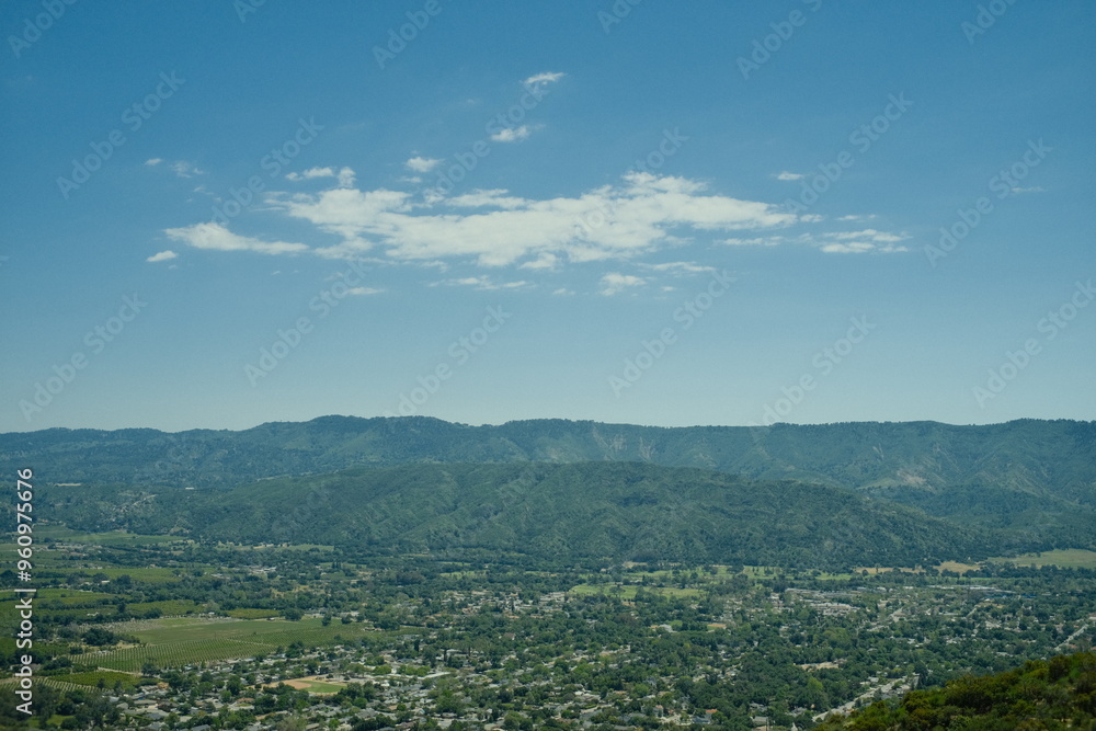 Fototapeta premium Ojai, California hike in the hills with gorgeous scenery with bright blue skies and amazing views of the wineries and nature scenes