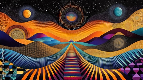 a psychedelic trip  colorful textured design with a road toward abstract spiritual awakening  photo