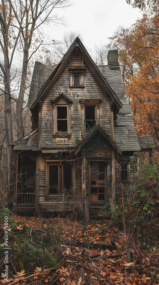 A weathered wooden house with broken windows and a dilapidated porch stands amidst a backdrop of bare trees and fallen leaves in an overgrown yard. A weathered wooden house with broken windows and a dilapidated porch stands amidst a backdrop of bare trees and fallen leaves in an overgrown yard.