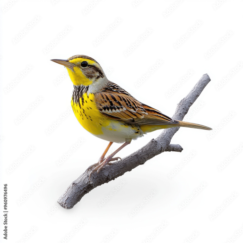 Fototapeta premium A vibrant yellow bird with detailed plumage perches on a branch against a clean white background, ideal for nature themes.