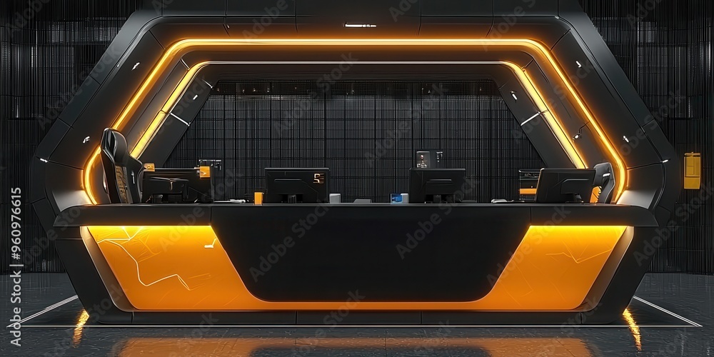 Modern reception desk with sleek design and vibrant orange lighting, ideal for contemporary office environments. Modern reception desk with sleek design and vibrant orange lighting, ideal for contemporary office environments.