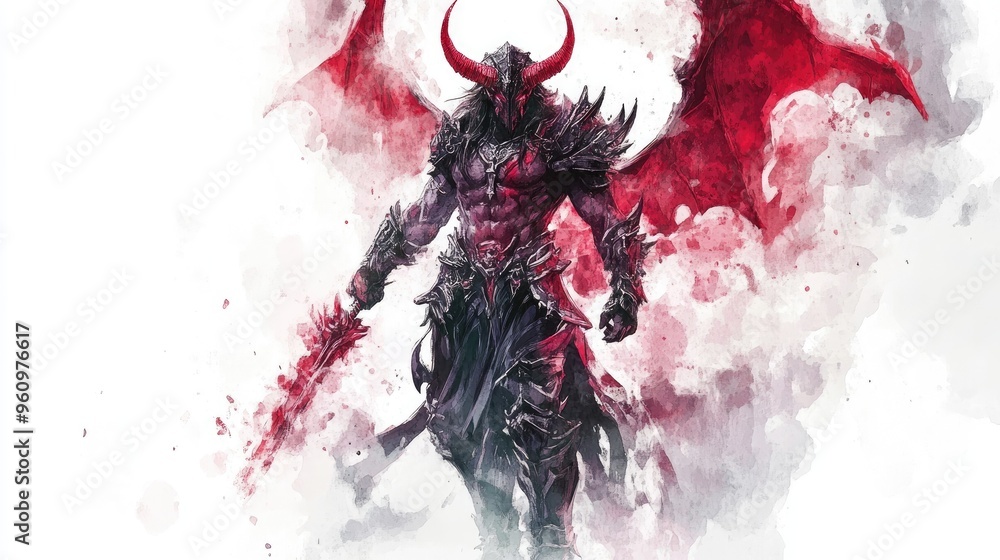 Fantasy Warrior Demon with Red Wings and Horns in Dark Armor Holding a Sword Fantasy Warrior Demon with Red Wings and Horns in Dark Armor Holding a Sword