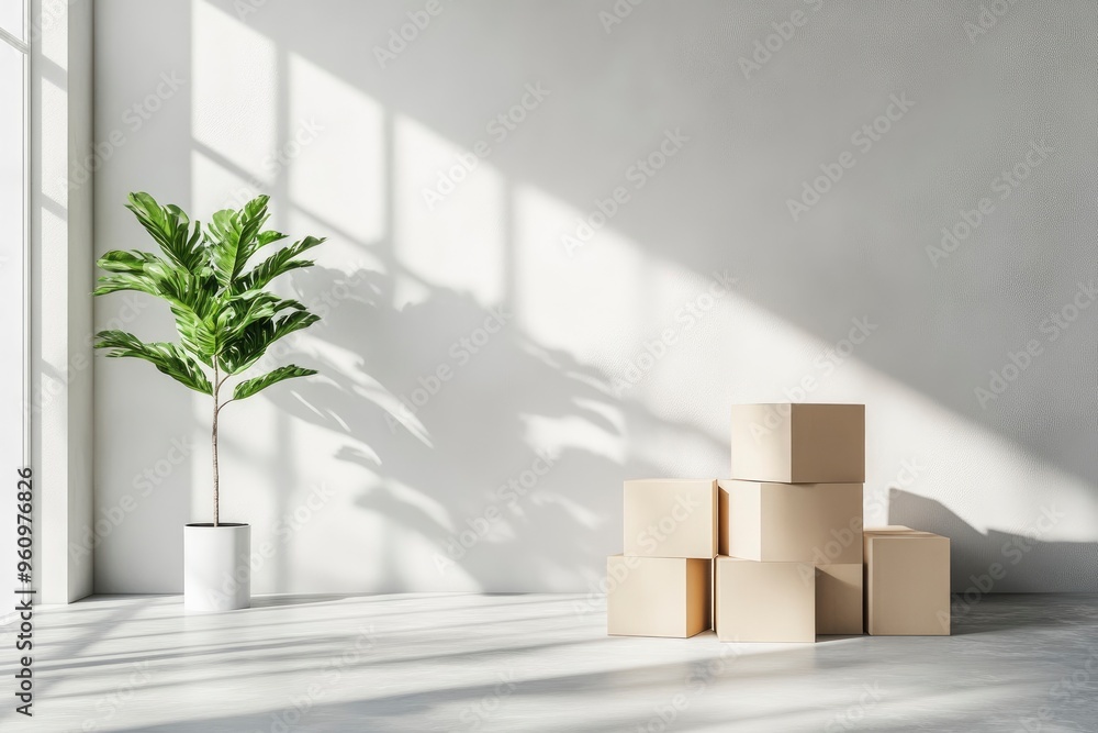 Interior of clean modern light living room with stacked cardboard boxes and green plant standing by wall in new house or apartment with no people. Moving, relocation, removal, transportation , ai Interior of clean modern light living room with stacked cardboard boxes and green plant standing by wall in new house or apartment with no people. Moving, relocation, removal, transportation , ai
