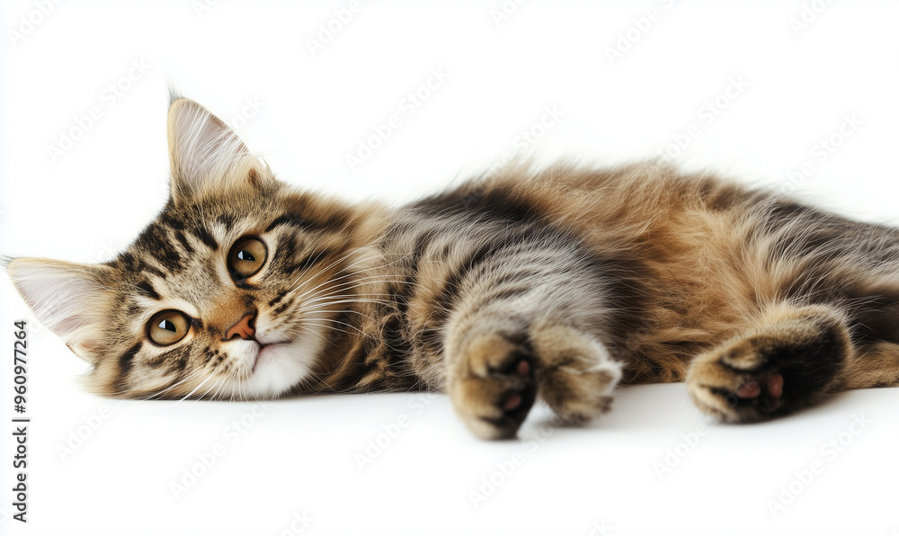 shorthair cat lounging, on white background shorthair cat lounging, on white background