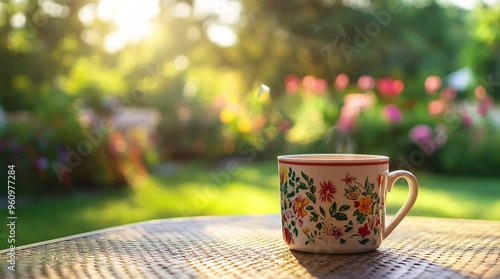 Steaming cup of coffee placed on a table outdoors with a peaceful natural view
 seamless looping 4k time-lapse virtual video animation background. generated ai