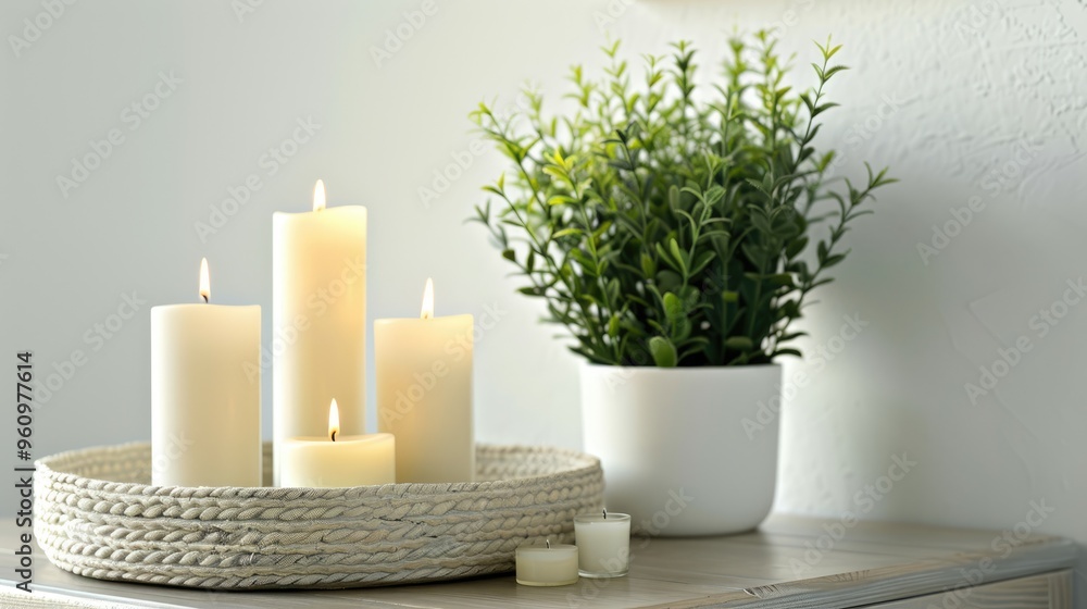 Home decor: Elegant interior with candles, decorations, and a green plant in a white pot on a table. Home decor: Elegant interior with candles, decorations, and a green plant in a white pot on a table.