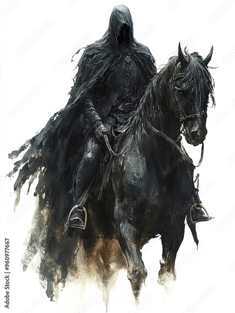 Obraz premium Mysterious Hooded Rider on Black Horse in Dark Fantasy Art Illustration