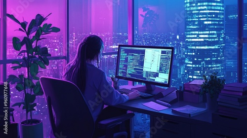 Lofi Girl Student Studying at Desk with Book Anime Manga Style Wallpaper Background Purple Blue Cyan Color - Aesthetic Serene Calm Cozy Chill
