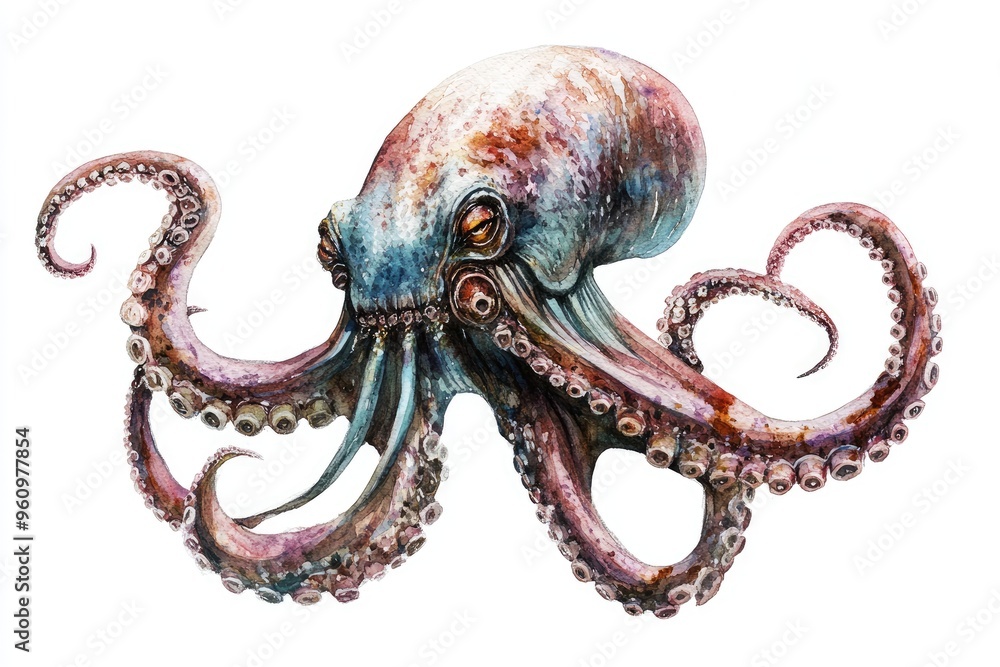 Fototapeta premium Detailed Watercolor Illustration of an Octopus with Intricate Tentacles and Realistic Texture