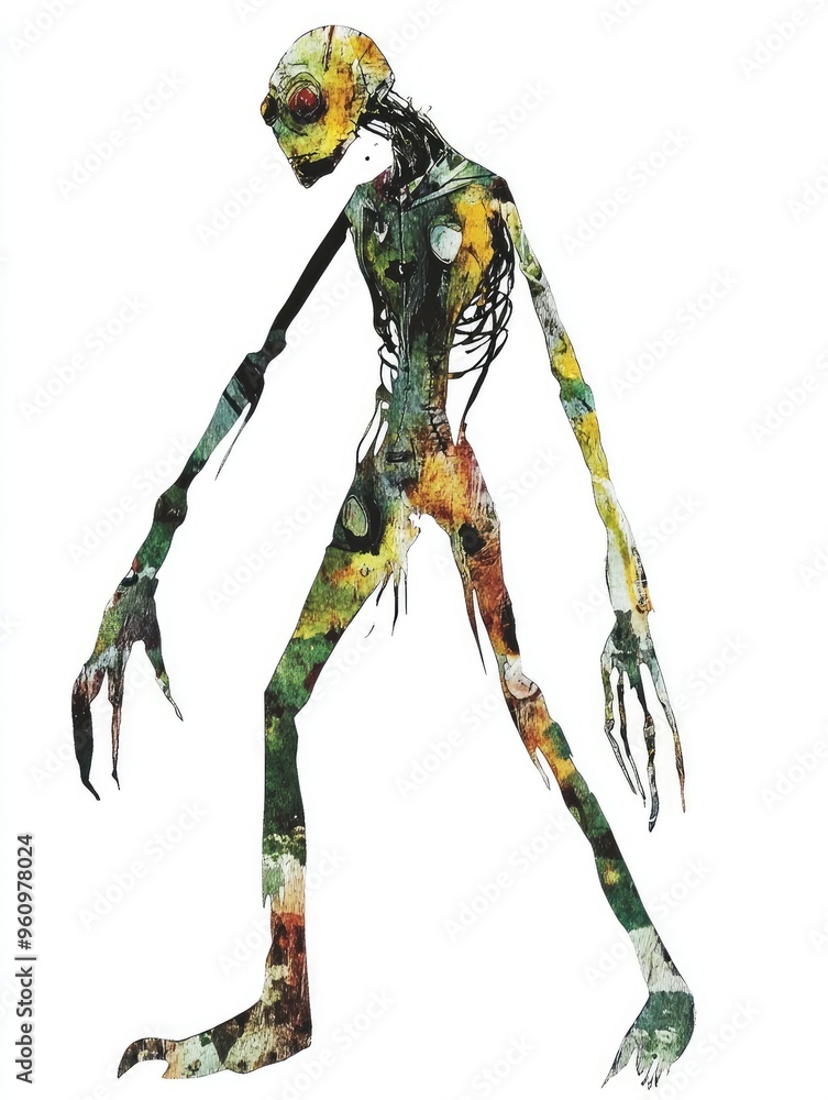 Abstract Artistic Depiction of a Tall, Thin, and Colorful Alien Creature with Long Limbs and Claws Abstract Artistic Depiction of a Tall, Thin, and Colorful Alien Creature with Long Limbs and Claws