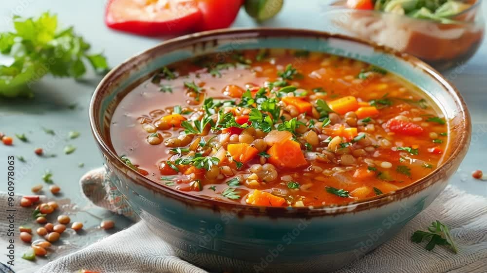 Bowl is filled with a hearty lentil soup, featuring vegetables such as carrots, celery, and tomatoes, and garnished with fresh parsley Bowl is filled with a hearty lentil soup, featuring vegetables such as carrots, celery, and tomatoes, and garnished with fresh parsley