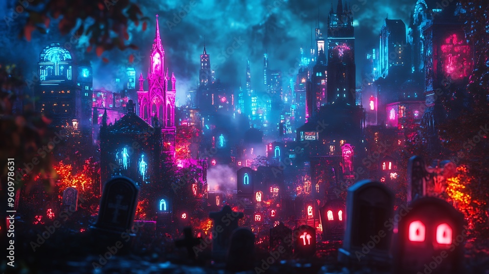 Obraz premium Ghostly Cyberpunk Halloween Night - Haunting holographic ghosts and neon-lit graveyard in futuristic cityscape
