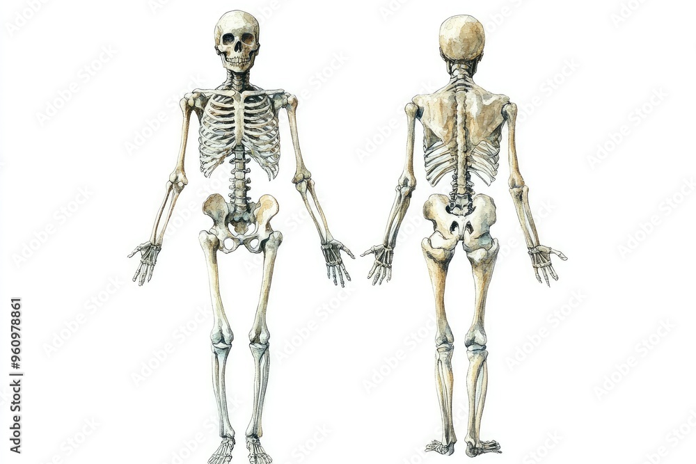 Detailed Watercolor Illustration of Human Skeleton Front and Back Views for Medical and Educational Use Detailed Watercolor Illustration of Human Skeleton Front and Back Views for Medical and Educational Use