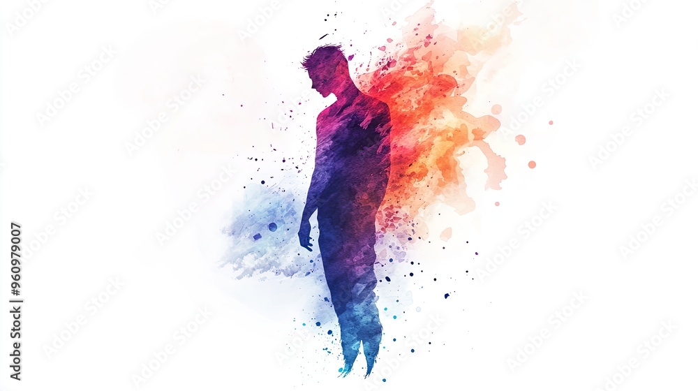 Fototapeta premium Vibrant Abstract Silhouette of a Man with Colorful Watercolor Splashes on White Background