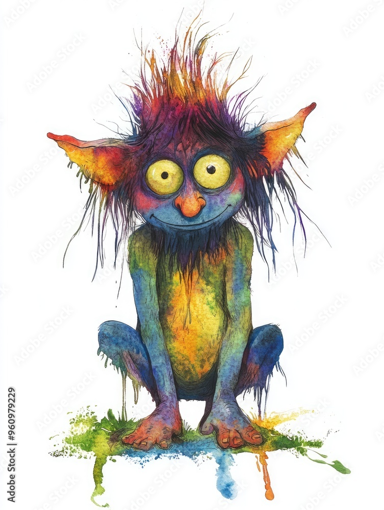 Fototapeta premium Colorful Watercolor Illustration of a Whimsical Fantasy Creature with Big Eyes and Spiky Hair