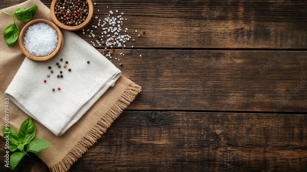 top view of an empty napkin on wooden table with spice, pepper, and salt. Cooking food background in rustic design with copyspace top view of an empty napkin on wooden table with spice, pepper, and salt. Cooking food background in rustic design with copyspace