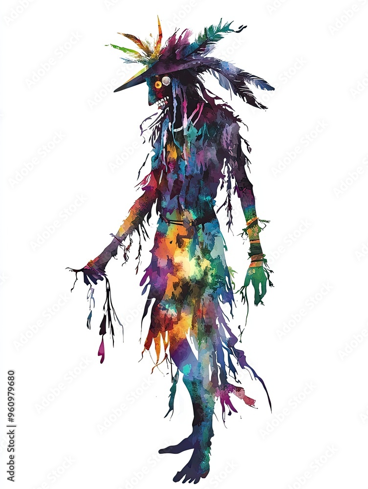 Obraz premium Colorful Abstract Silhouette of a Tribal Figure with Feathers and Vibrant Patterns