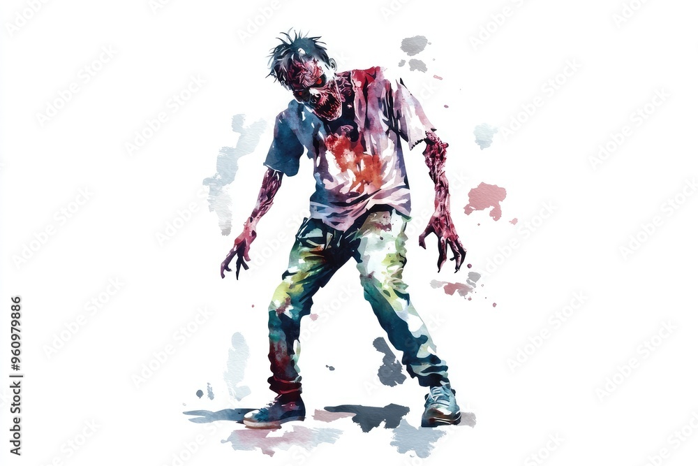 Watercolor Illustration of a Zombie with Bloodstains and Tattered Clothes on a White Background Watercolor Illustration of a Zombie with Bloodstains and Tattered Clothes on a White Background