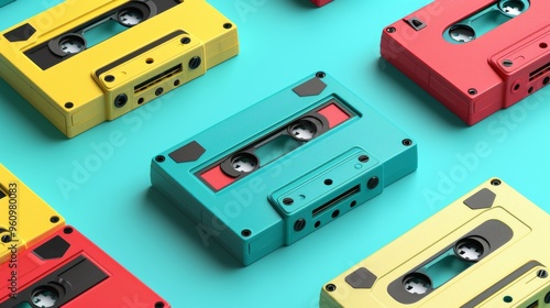 A close-up view of retro audio cassettes in bold colors, artistically arranged on a turquoise background. This image captures the essence of vintage music culture, making it ideal for creative and