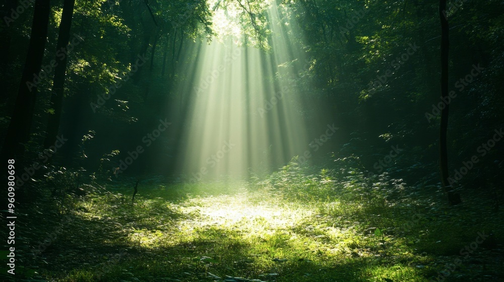 Fototapeta premium A beam of sunlight filtering through a dense forest, casting soft shadows on the ground.
