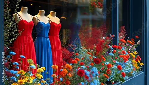 Charming window showcase of red and blue dresses enhanced by a vibrant floral array against a dark backdrop photo