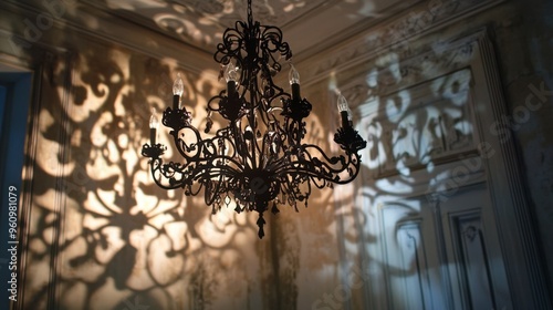 A chandelier hanging from the casting intricate shadows on the walls.