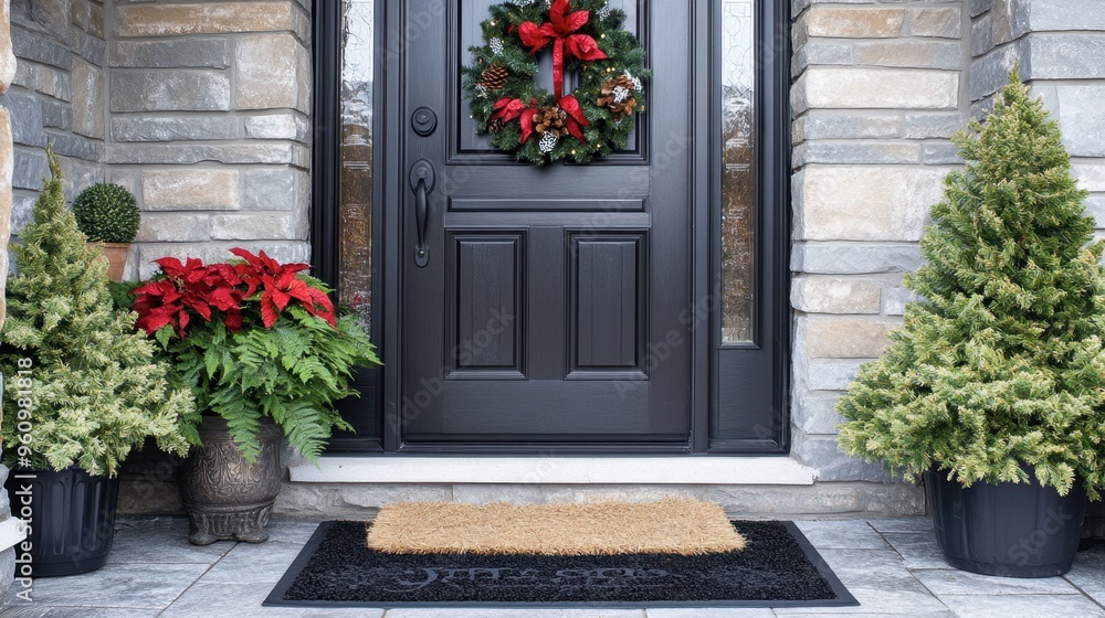 A close-up of a front door of a house, with a welcome mat, potted plants, and a festive wreath. A close-up of a front door of a house, with a welcome mat, potted plants, and a festive wreath.