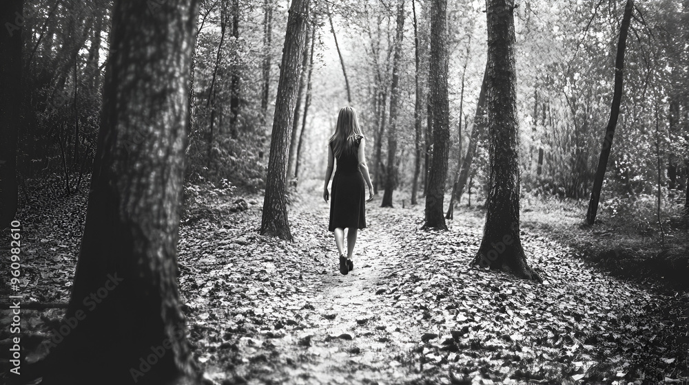Black and White Photo of Woman Walking Alone in a Forest Black and White Photo of Woman Walking Alone in a Forest