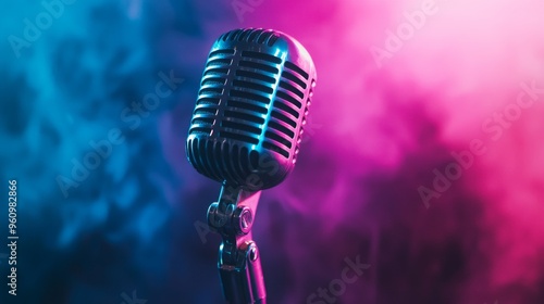 a microphone on a gradient pink and purple background under the neon light with copy space for podcasting, singing, and recording background.