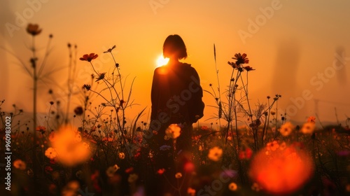 Silhouette of a Woman in a Field of Flowers at Sunset
