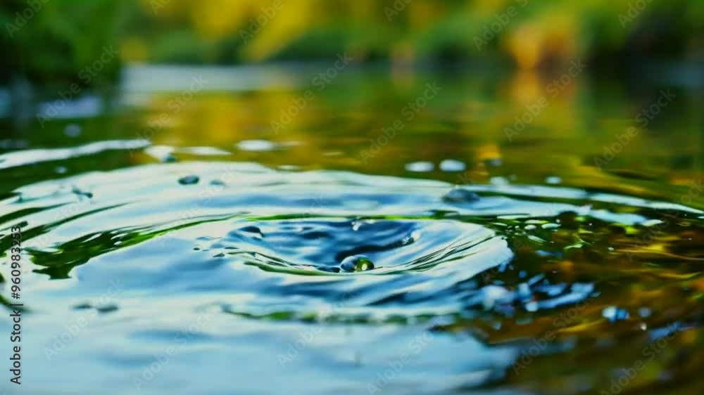 Water droplets falling into still water, creating ripples and circular patterns. Water droplets falling into still water, creating ripples and circular patterns.