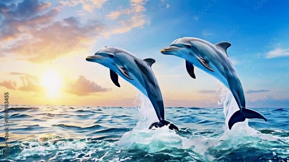 Two dolphins leap out of the ocean water, with a sunset and clouds in the background. Two dolphins leap out of the ocean water, with a sunset and clouds in the background.