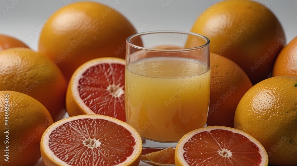 Grapefruits and a full glass of grapefruit juice, arranged on a white background Grapefruits and a full glass of grapefruit juice, arranged on a white background