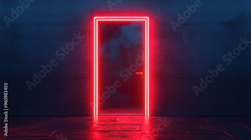 Red neon door in dark room, glowing frame.